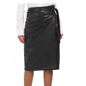7 For All Mankind Vegan Faux Leather Wrap Midi Skirt Black Tie Waist NWOT